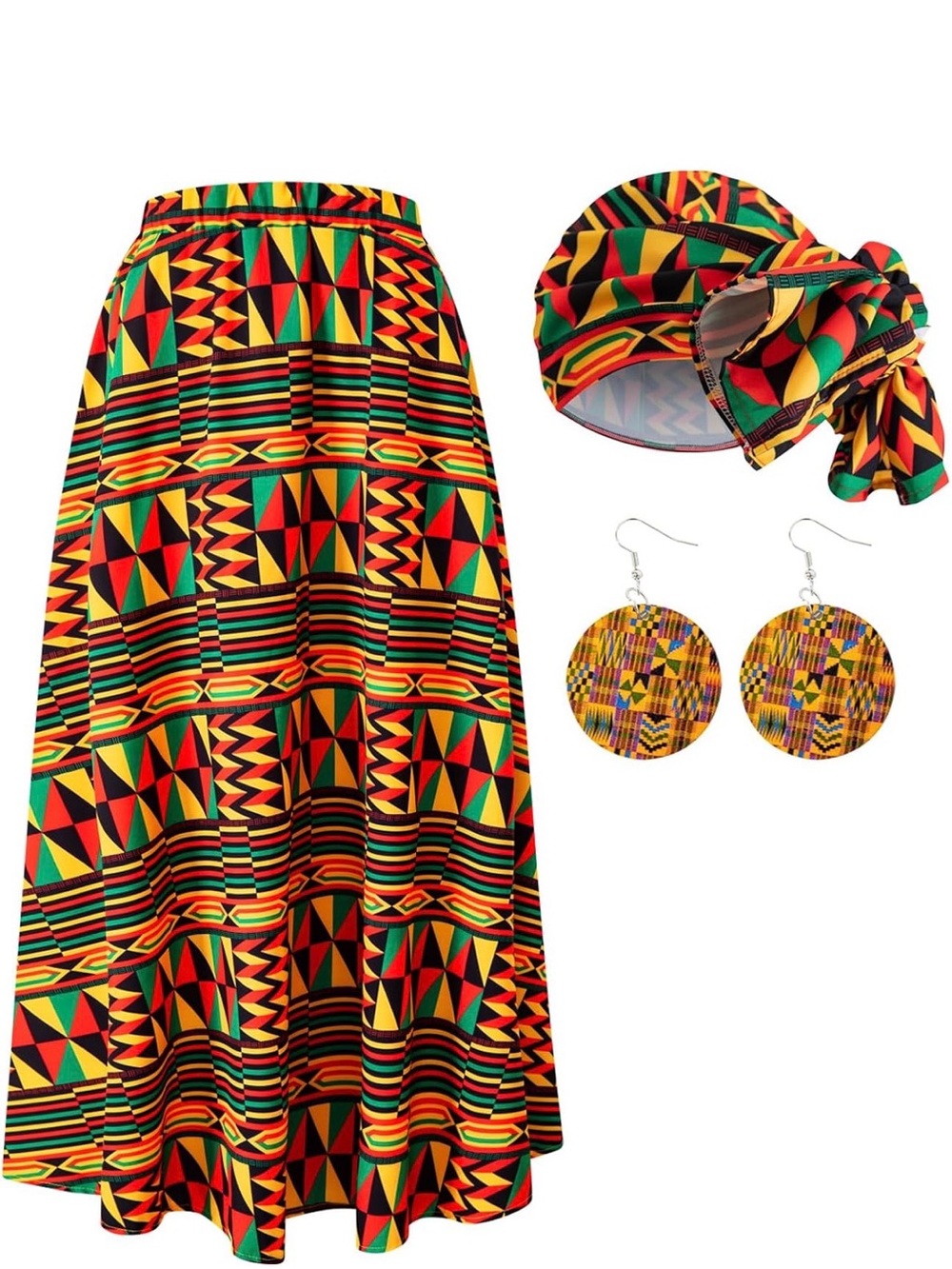 Women African Maxi Skirt Casual Stretch Head Wrap Scarf Drop Dangle Earrings - Picture 1 of 3
